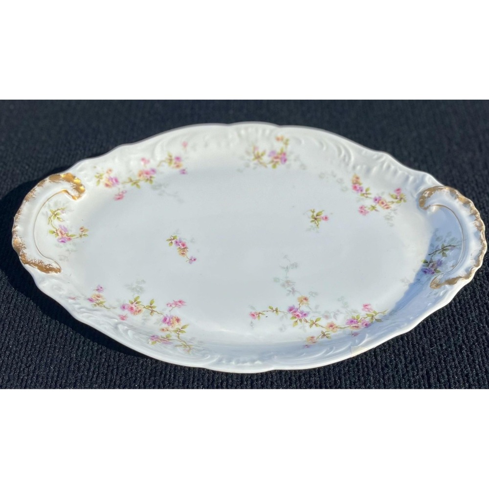 Vintage Theodore Haviland Limoges France Serving Platter Gold Handles 16in Flora